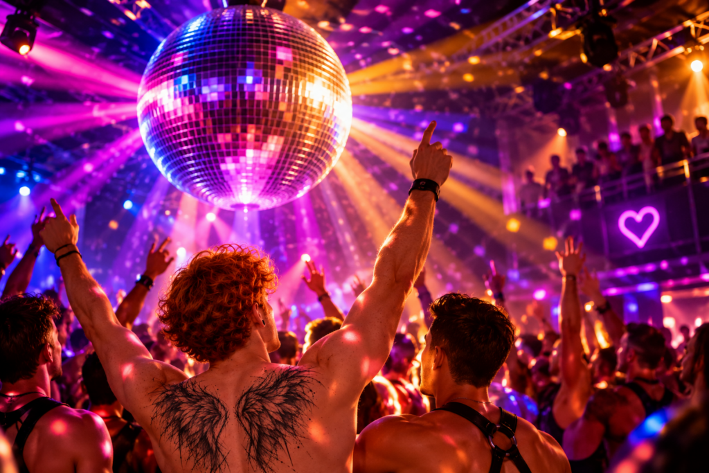 KI-generierte Clubszene: Der rothaarige Jonte Ahrens tanzt mit erhobenen Armen unter einer großen Discokugel. Auf seinem nackten Rücken ist ein schwarzes Engelsflügel-Tattoo zu sehen. Violette, pinkfarbene und goldene Lichter erhellen die volle Tanzfläche.