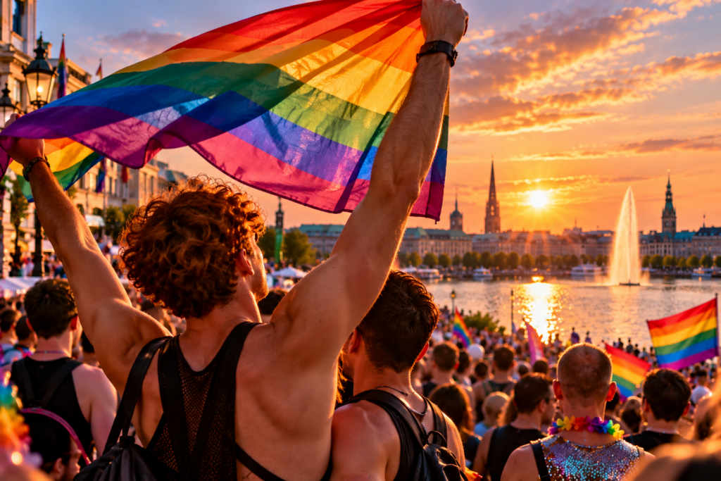 Eine KI-generierte Pride-Szene an der Hamburger Binnenalster: Ein junger Mann hält eine große Regenbogenflagge über einer feiernden Menschenmenge. Im Hintergrund sind die Alsterfontäne und die Hamburger Innenstadt im Abendlicht zu sehen.
