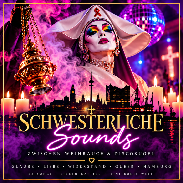KI-generiertes Playlist-Cover „Schwesterliche Sounds“: Eine fantasievoll geschminkte Nonnenfigur mit Weihrauchschwenker, Kerzen und Discokugel vor der beleuchteten Hamburger Hafensilhouette in Pink und Violett.